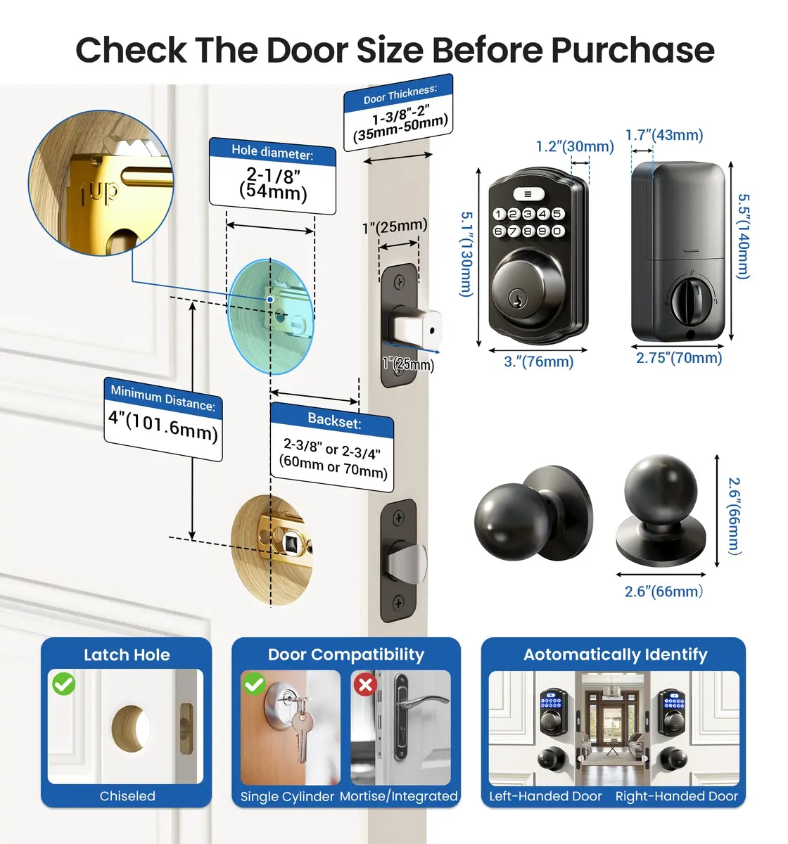 Veise KS01C Keyless Entry Deadbolt Door Lock with Knobs, Matte Black | 20 User Codes, Auto Lock, IP54 Weatherproof - view 6