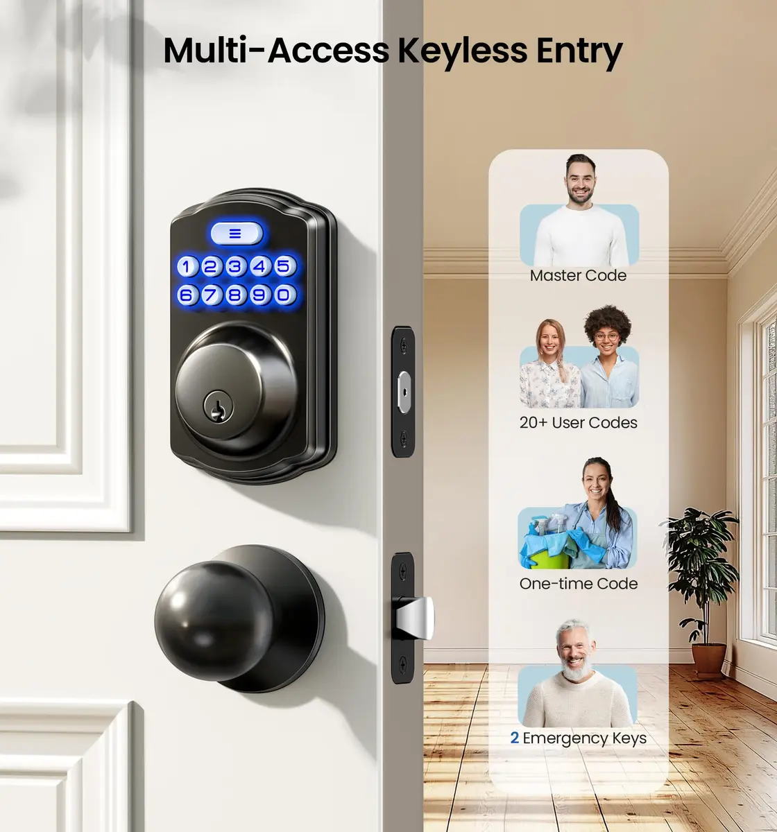 Veise KS01C Keyless Entry Deadbolt Door Lock with Knobs, Matte Black | 20 User Codes, Auto Lock, IP54 Weatherproof - view 2