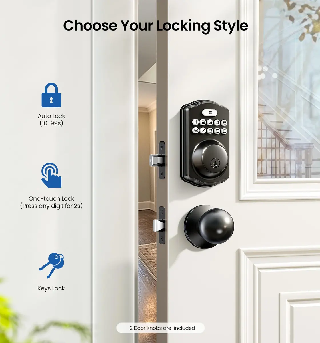 Veise KS01C Keyless Entry Deadbolt Door Lock with Knobs, Matte Black | 20 User Codes, Auto Lock, IP54 Weatherproof - view 3