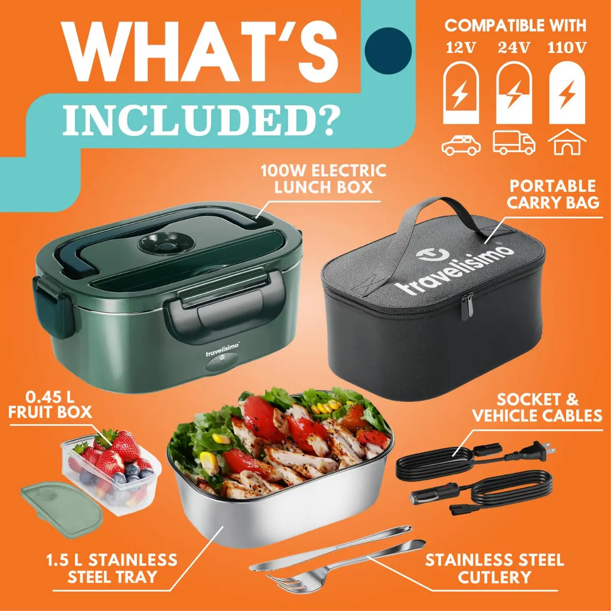 TRAVELISIMO Electric Lunch Box for Adults 1.5L Stainless Steel Portable Food Warmer, 100W | Self Heating & Travel Friendly - view 5