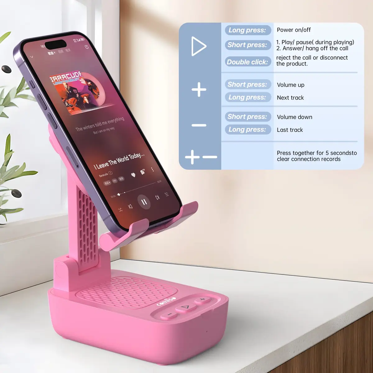 comiso Phone Stand with Bluetooth Speaker, Pink | HD Stereo, Adjustable & Portable (70-120c) - view 5
