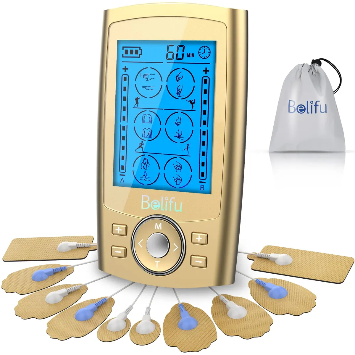 Belifu Dual Channel TENS EMS Unit 24 Modes Muscle Stimulator with 10 Pads | Pain Relief Therapy - main product image