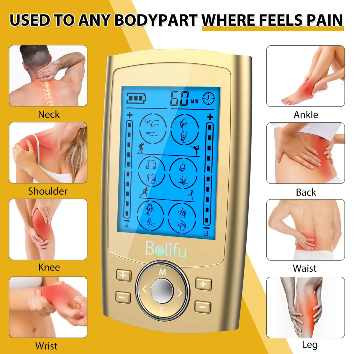 Belifu Dual Channel TENS EMS Unit 24 Modes Muscle Stimulator with 10 Pads | Pain Relief Therapy - view 2