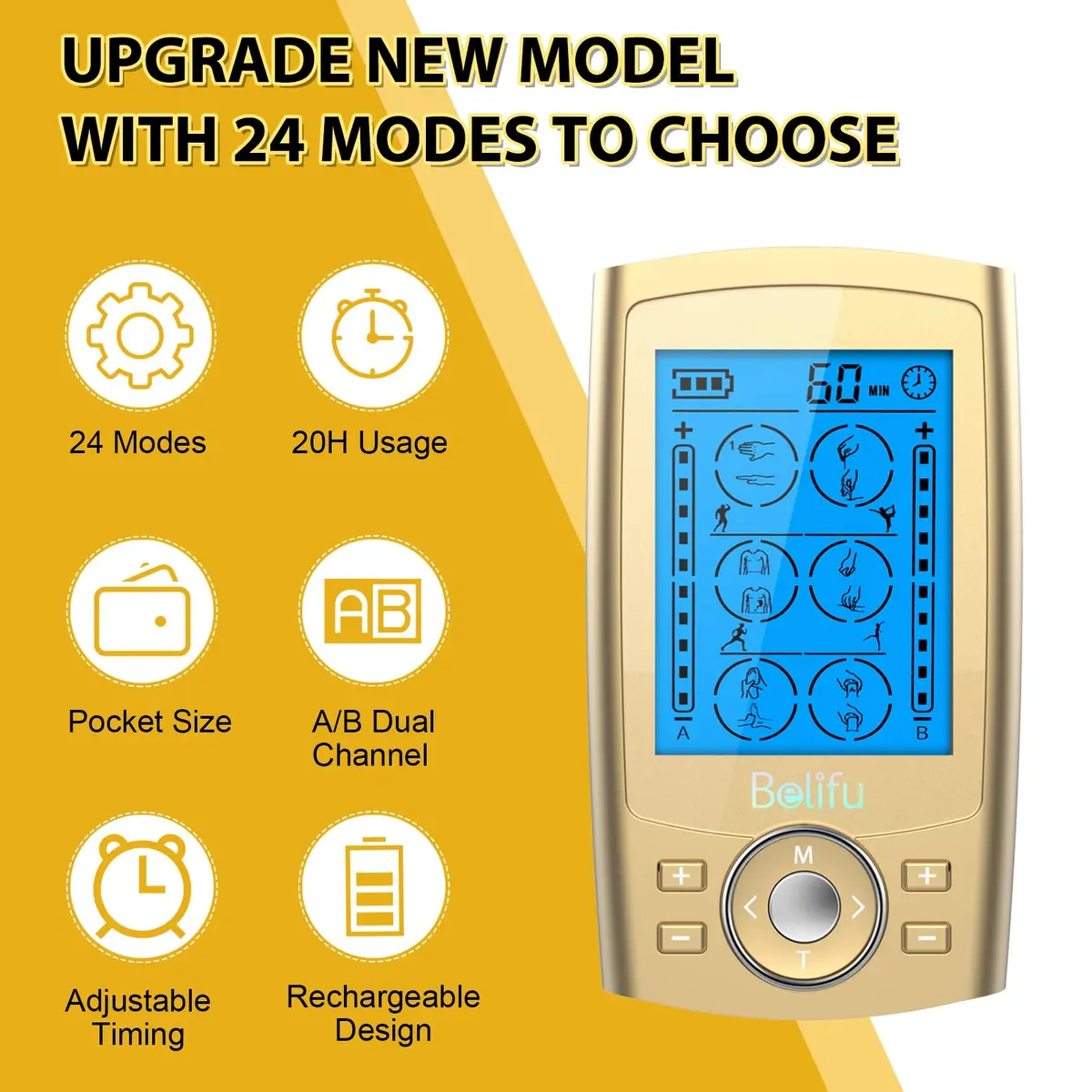 Belifu Dual Channel TENS EMS Unit 24 Modes Muscle Stimulator with 10 Pads | Pain Relief Therapy - view 3