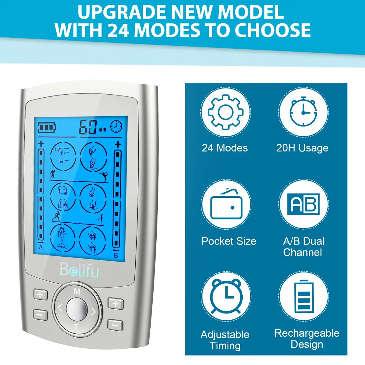 Belifu Dual Channel TENS EMS Unit 24 Modes Muscle Stimulator 120g (4.2oz) | Pain Relief Therapy for Home Use - view 4