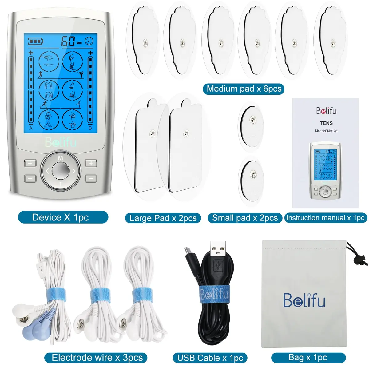 Belifu Dual Channel TENS EMS Unit 24 Modes Muscle Stimulator 120g (4.2oz) | Pain Relief Therapy for Home Use - view 6