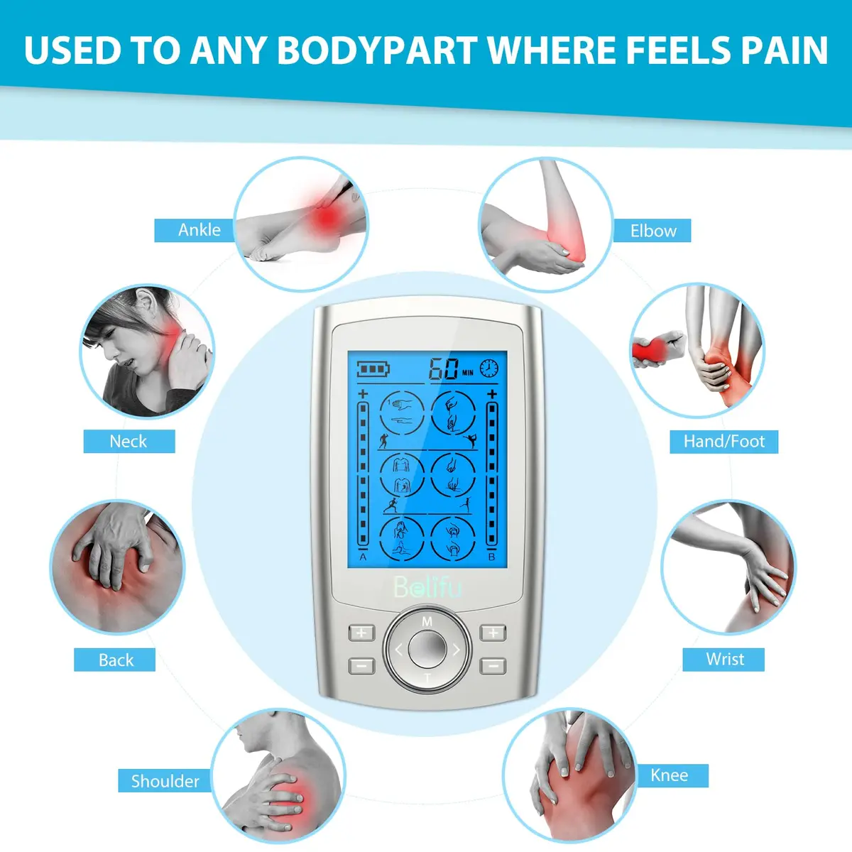 Belifu Dual Channel TENS EMS Unit 24 Modes Muscle Stimulator 120g (4.2oz) | Pain Relief Therapy for Home Use - view 3
