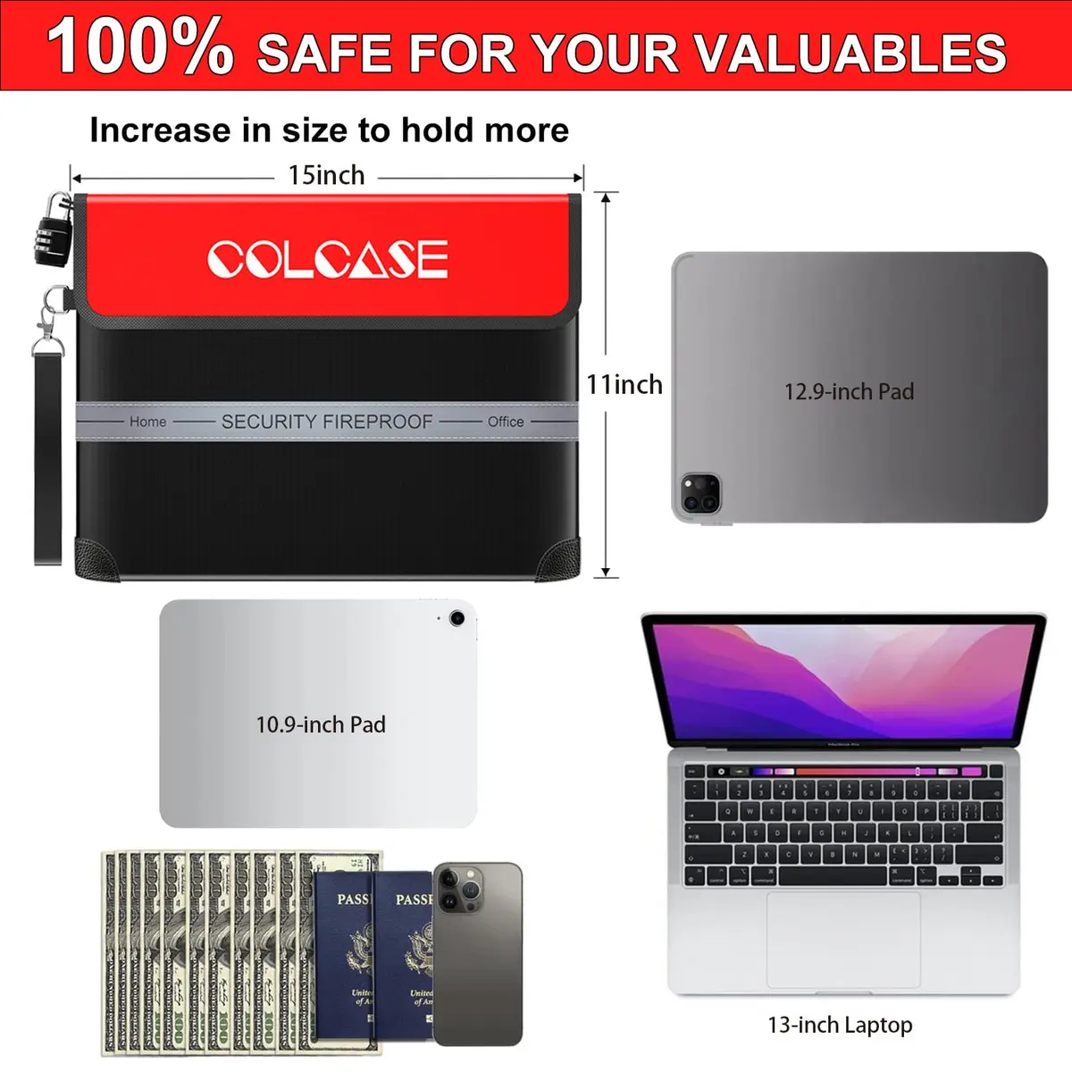 COLCASE Fireproof Document Bag with Lock 15 x 11 inches | 5200℉ Heat Insulated Waterproof - view 7