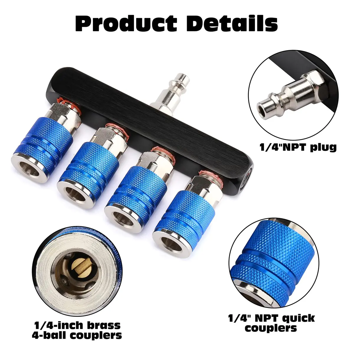 AIRTOON 2PCS 4-Way Straight Air Manifold Splitter with 4 Couplers & 1/4" MNPT Plug | Aluminum & Brass Fittings - view 4