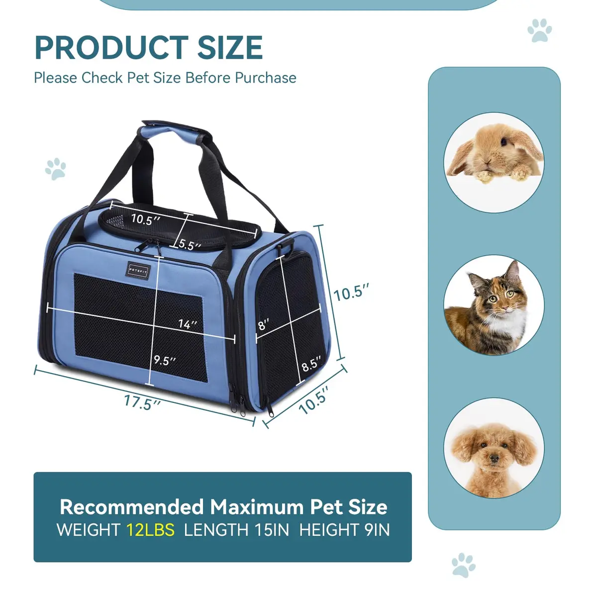 Petsfit Pet Carrier, Blue, Small & Medium Cats & Puppies | Airline Approved & Collapsible - view 5