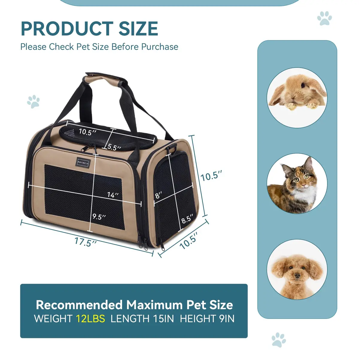Petsfit Pet Carrier for Cat, Small Dogs, Khaki | Airline & TSA Approved Travel Carrier for Pets Under 12 Lbs - view 5