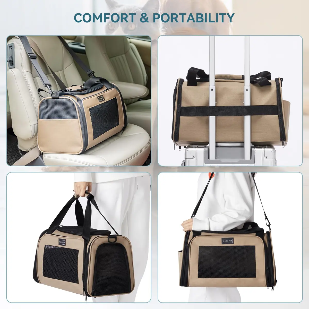 Petsfit Pet Carrier for Cat, Small Dogs, Khaki | Airline & TSA Approved Travel Carrier for Pets Under 12 Lbs - view 4