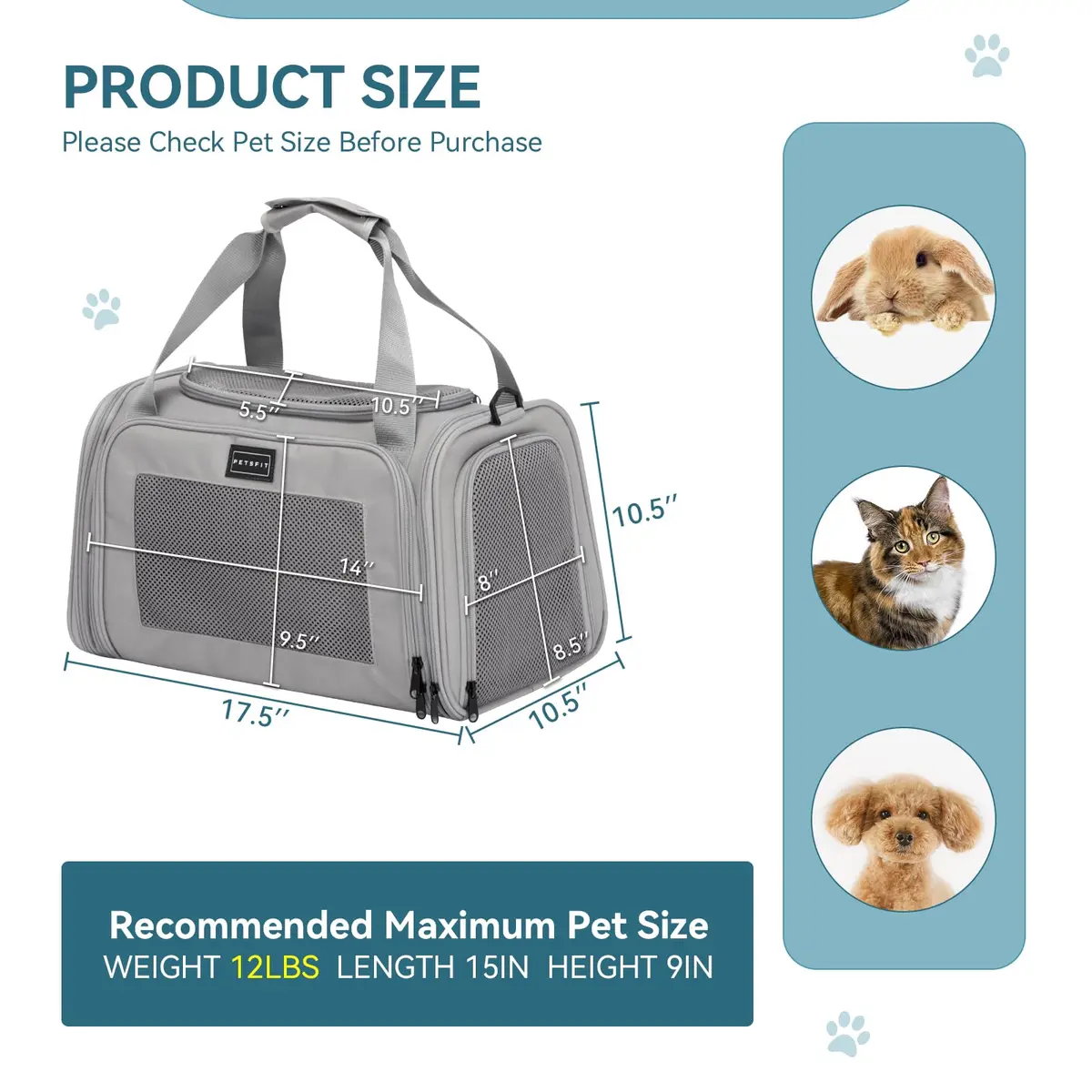 Petsfit Cat Carrier Grey 17.5"L x 10.5"W x 10.5"H | Airline Approved with Extendable Mat - view 5