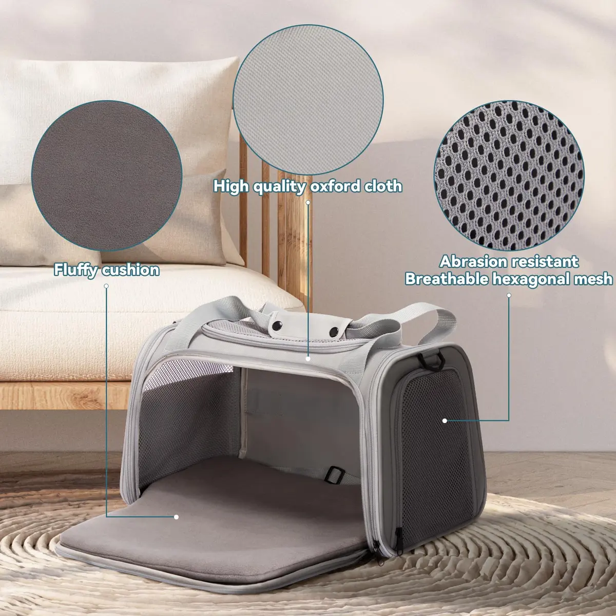 Petsfit Cat Carrier Grey 17.5"L x 10.5"W x 10.5"H | Airline Approved with Extendable Mat - view 3