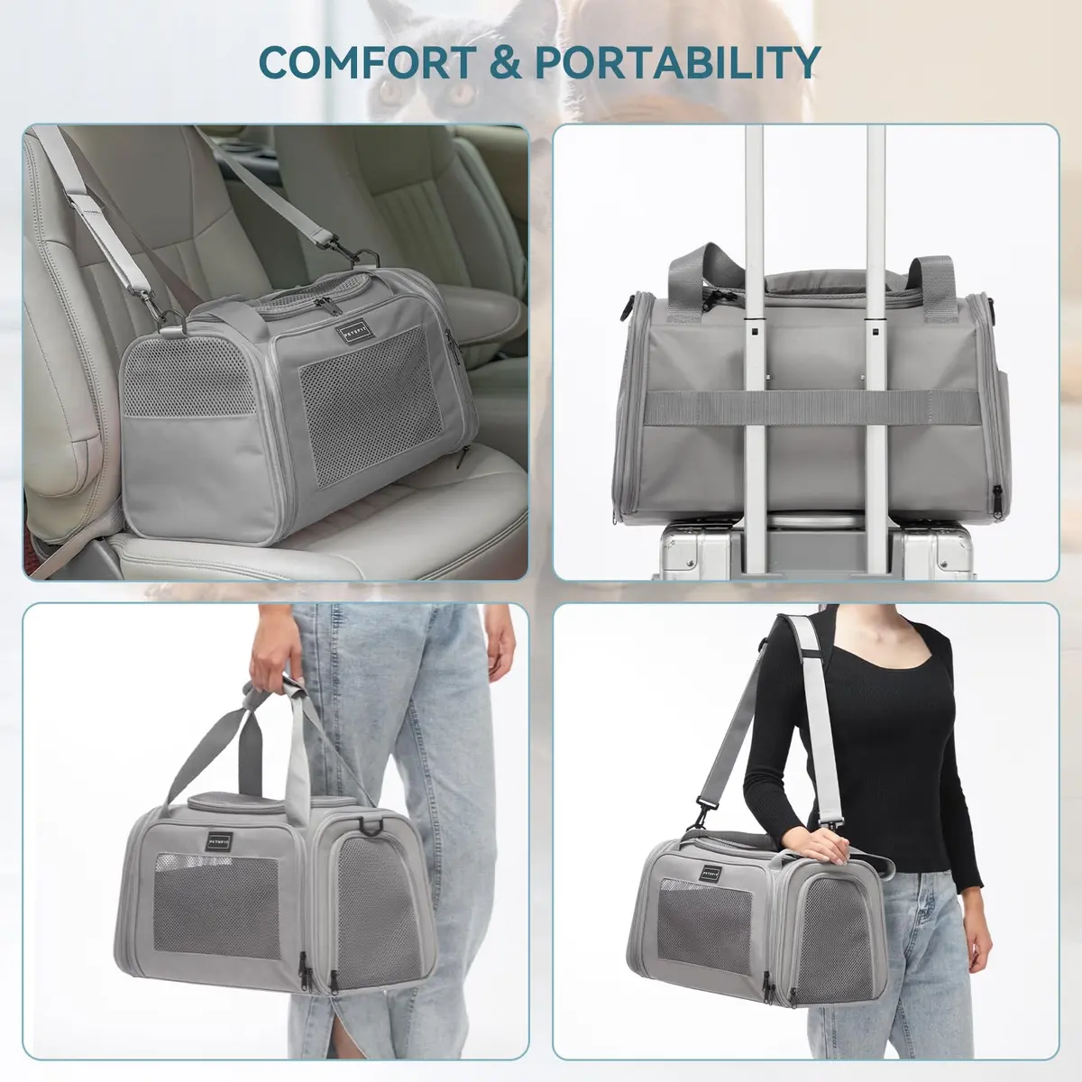 Petsfit Cat Carrier Grey 17.5"L x 10.5"W x 10.5"H | Airline Approved with Extendable Mat - view 4