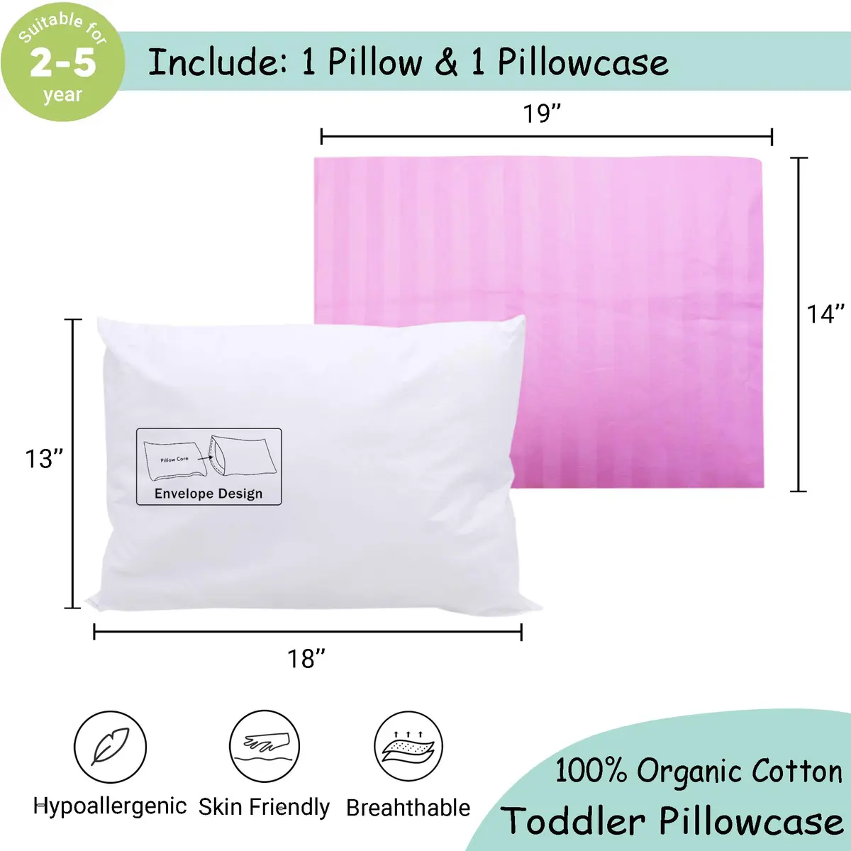 ZPECC Toddler Pillow with Pillowcase - 13x18 Organic Cotton Hypoallergenic Kids Pillow for Travel & Nursery - view 2