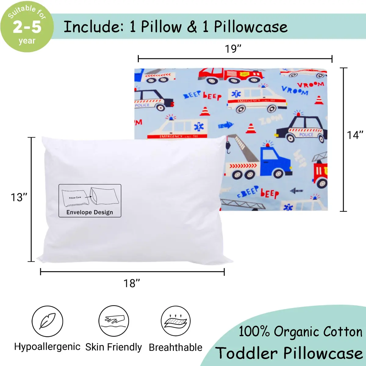 ZPECC Toddler Pillow with Pillowcase 13x18 Organic Cotton Hypoallergenic Kids Pillow for Travel & Nursery - view 2