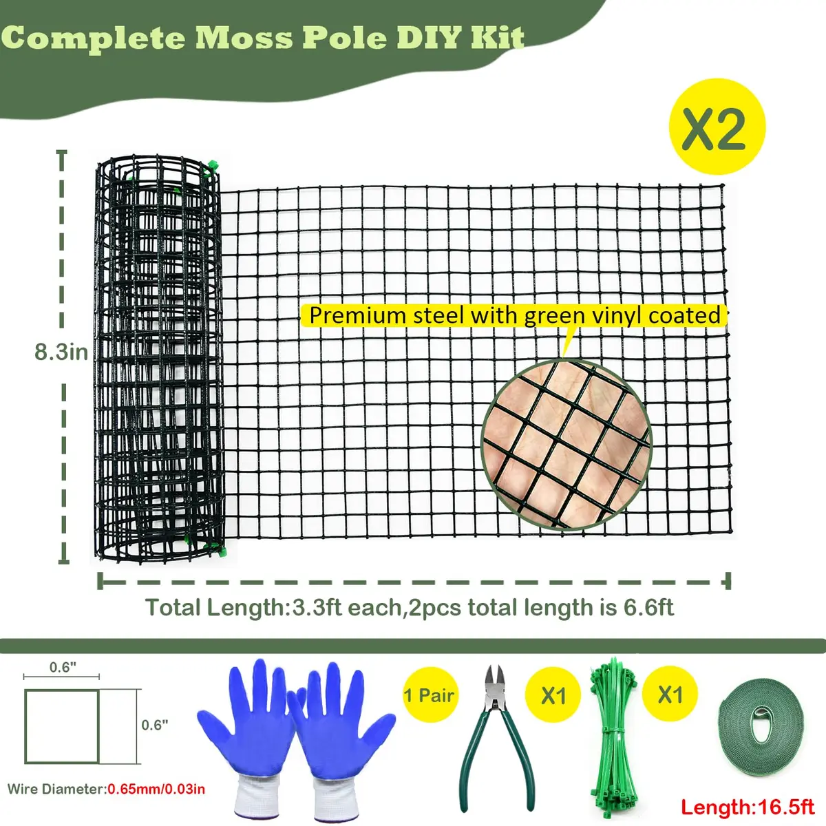 chicarry DIY Moss Pole Kit for Climbing Plants, 2.0m (6.6ft) Steel Mesh with Plier & Ties | Supports Monstera, Pothos, Philodendron Growth - view 2