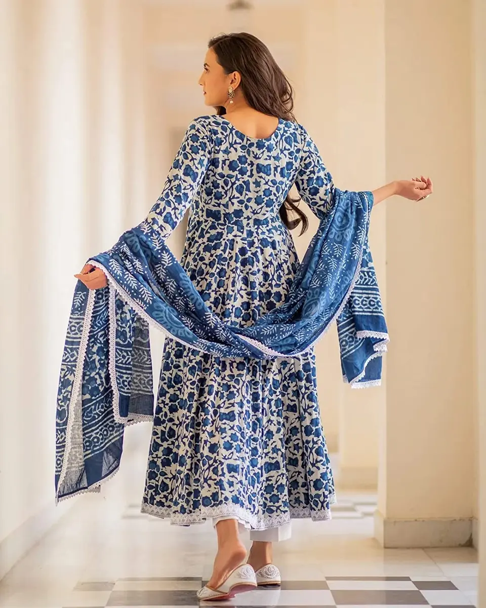 Meera Fab Women's Cotton Printed Anarkali Kurta With Palazzo & Dupatta Set Small Blue | Floral Print 3-Piece Set - view 5