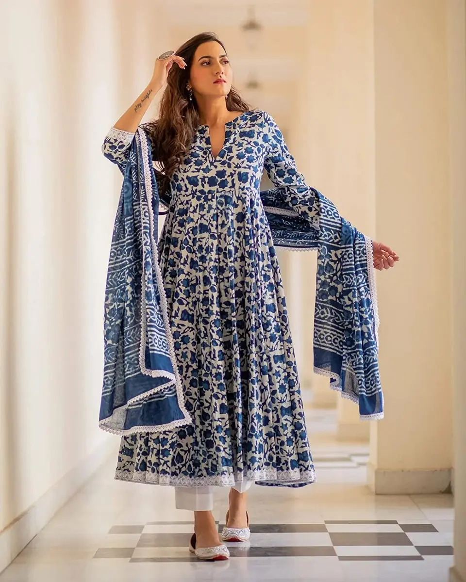 Meera Fab Women's Cotton Printed Anarkali Kurta With Palazzo & Dupatta Set Small Blue | Floral Print 3-Piece Set - view 2