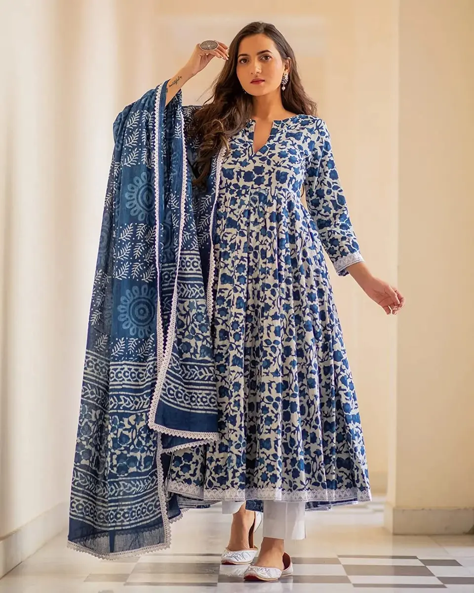 Meera Fab Women's Cotton Printed Anarkali Kurta With Palazzo & Dupatta Set Small Blue | Floral Print 3-Piece Set - view 3