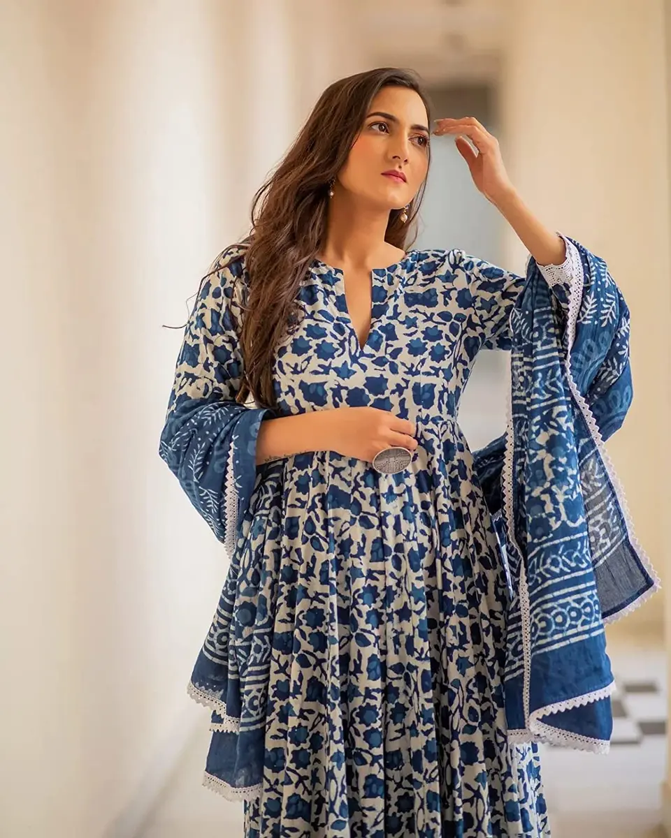 Meera Fab Women's Cotton Printed Anarkali Kurta With Palazzo & Dupatta Set Small Blue | Floral Print 3-Piece Set - view 4