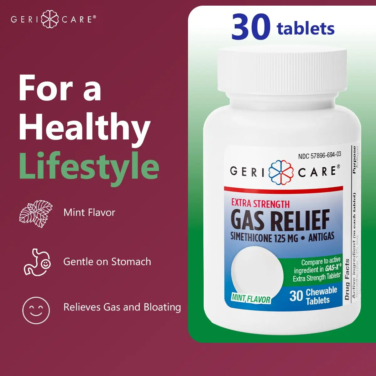 GeriCare Chewable Extra Strength Gas Relief Simethicone 125mg | Fast-Acting Digestive Gas Bloating Relief (70-120 chars) - view 2