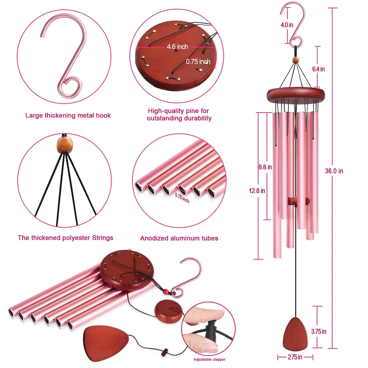 WENANA Large Aluminium Wind Chimes 36" Pink | Soothing Melody for Garden & Home - view 2