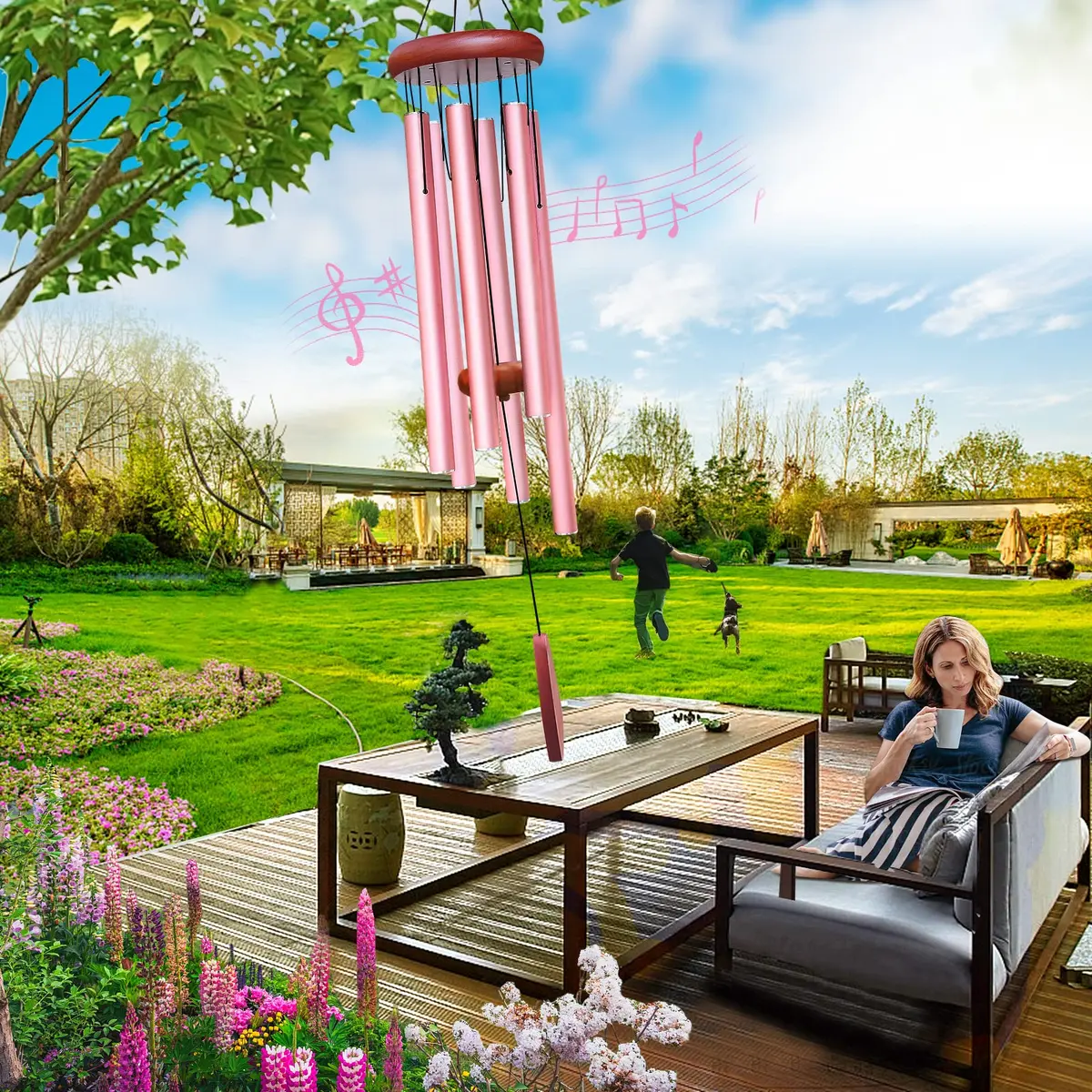 WENANA Large Aluminium Wind Chimes 36" Pink | Soothing Melody for Garden & Home - view 3