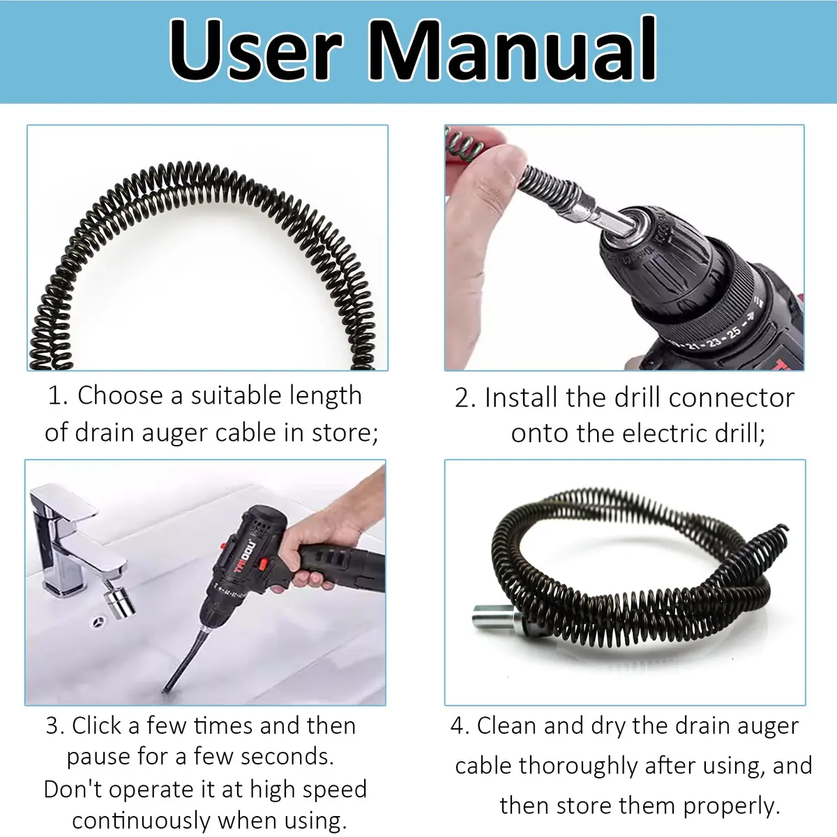AZH Heavy-Duty Drain Auger Snake Cable with Drill Adapter 2m (6.5ft) | Professional Plumbing Clog Remover - view 8