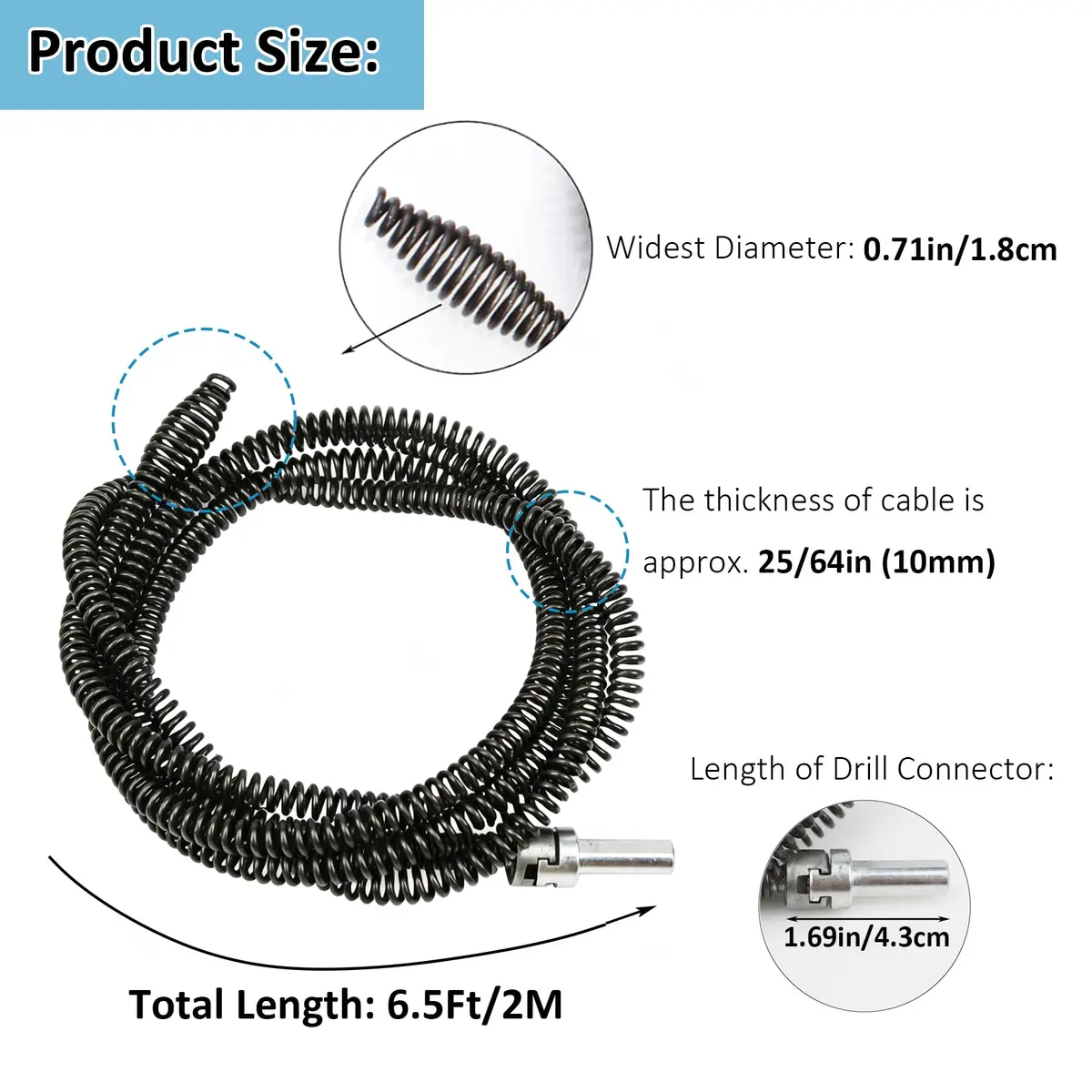 AZH Heavy-Duty Drain Auger Snake Cable with Drill Adapter 2m (6.5ft) | Professional Plumbing Clog Remover - view 3