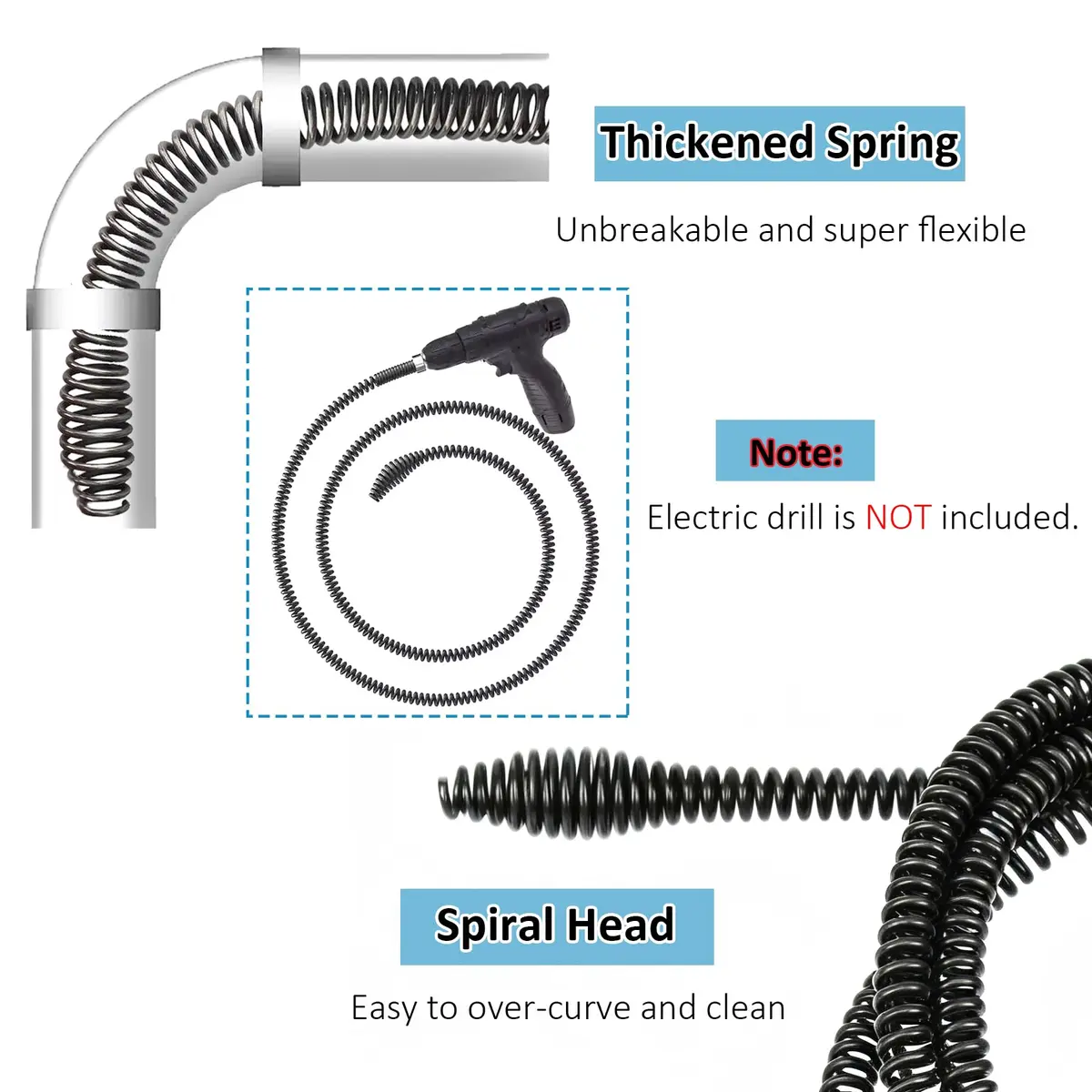 AZH Heavy-Duty Drain Auger Snake Cable with Drill Adapter 2m (6.5ft) | Professional Plumbing Clog Remover - view 4