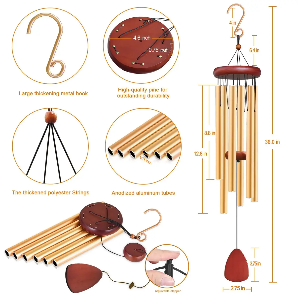 WENANA Aluminium Wind Chimes 91.44cm (36") | Melodic Outdoor Decor Gift - view 2