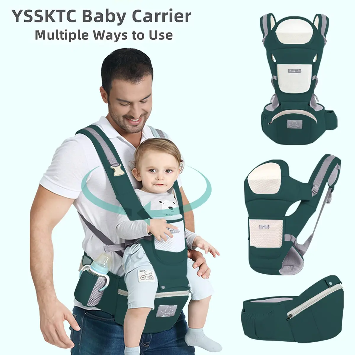 YSSKTC Ergonomic Baby Carrier Hip Seat for 7-33lbs | Dark Green Cotton Mesh - view 5