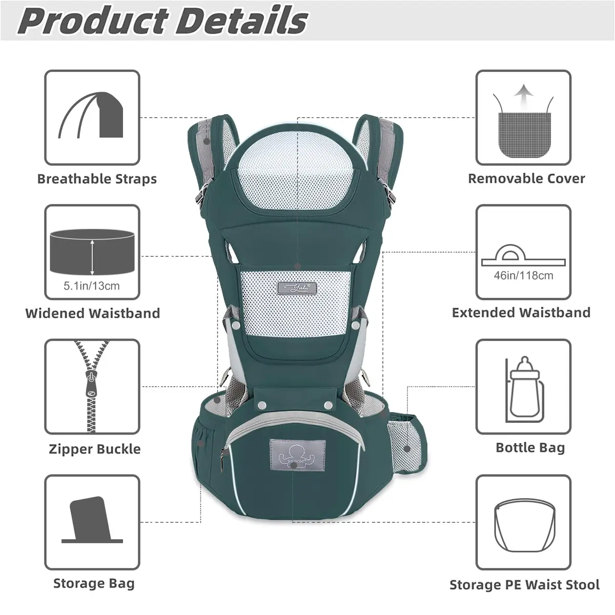 YSSKTC Ergonomic Baby Carrier Hip Seat for 7-33lbs | Dark Green Cotton Mesh - view 2