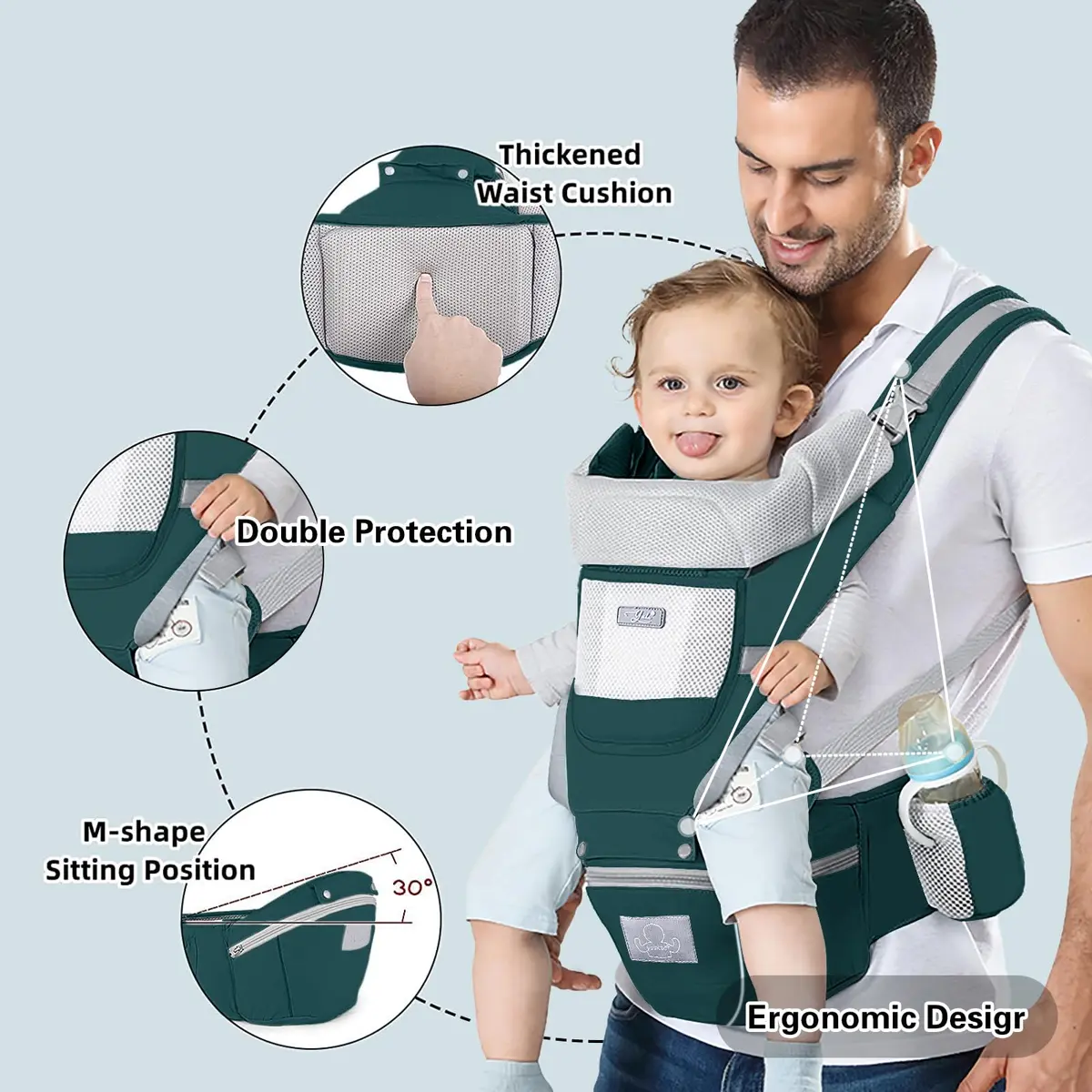 YSSKTC Ergonomic Baby Carrier Hip Seat for 7-33lbs | Dark Green Cotton Mesh - view 3
