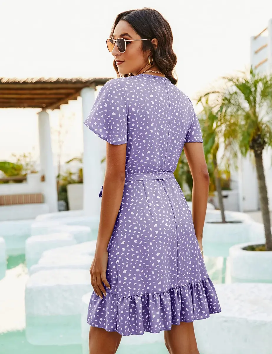 Naggoo Short Dresses for Women Wrap V Neck Floral Print Mini Dress Light Purple L | Breathable, Lightweight Summer Style - view 2