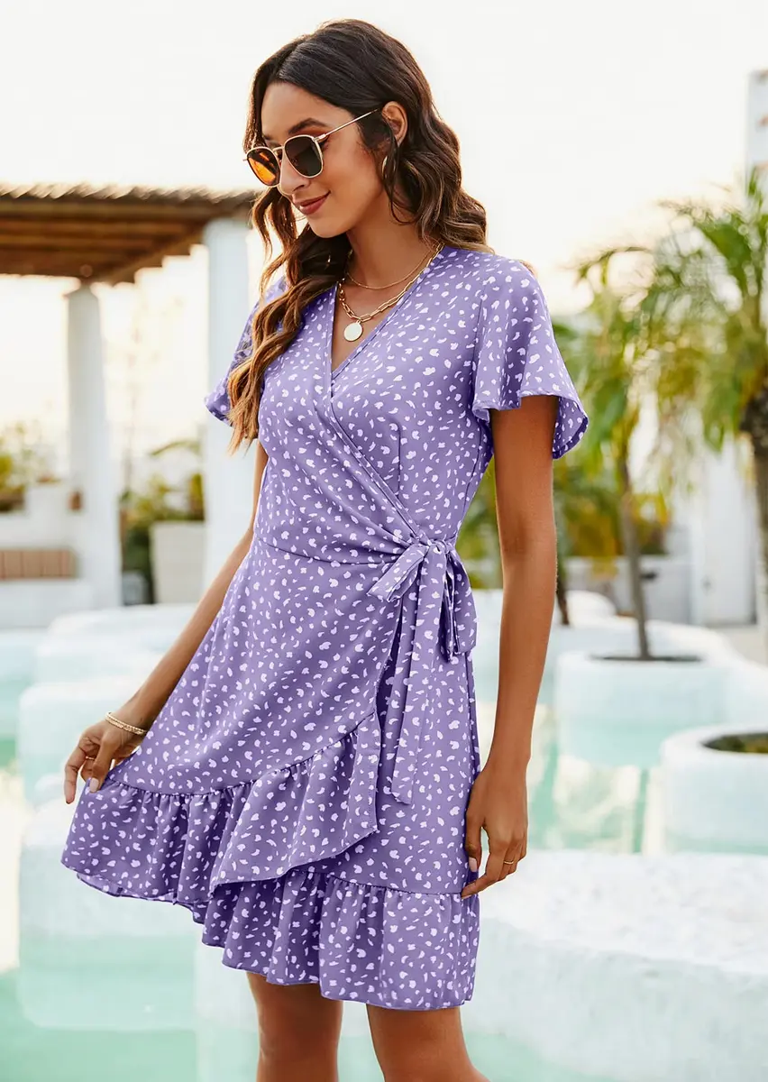 Naggoo Short Dresses for Women Wrap V Neck Floral Print Mini Dress Light Purple L | Breathable, Lightweight Summer Style - view 4