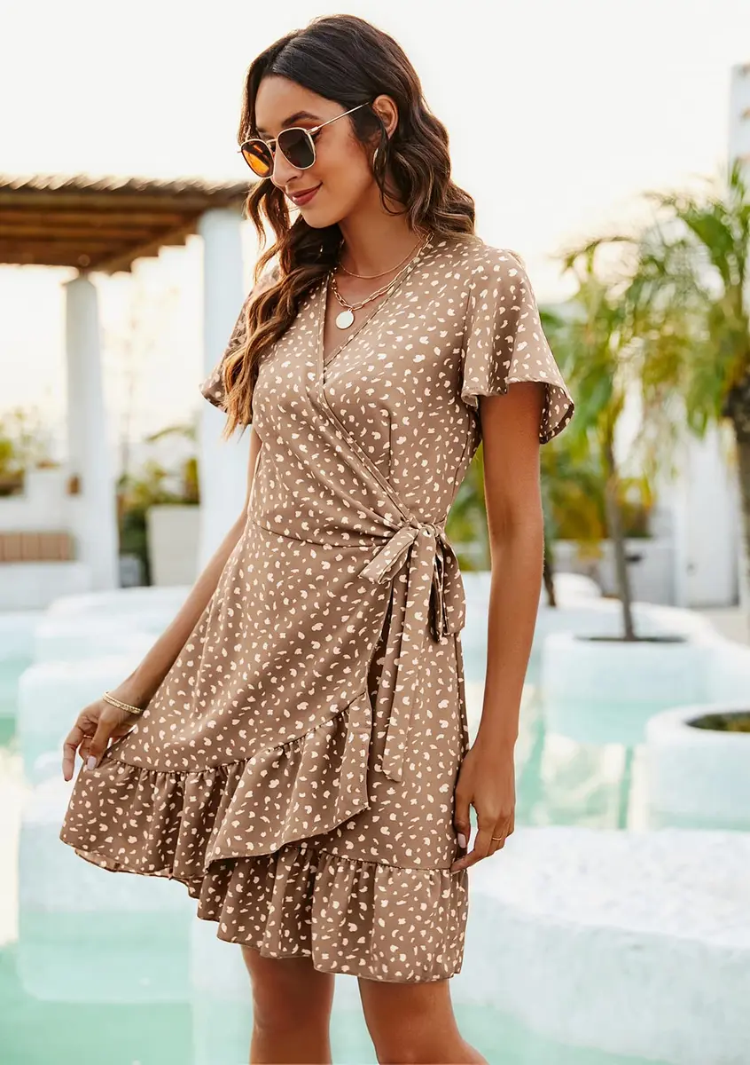 Naggoo Ladies Summer Dresses Wrap V Neck Floral Print Ruffle Short Dress Khaki M | Lightweight, Breathable & Flowy for Summer - view 4