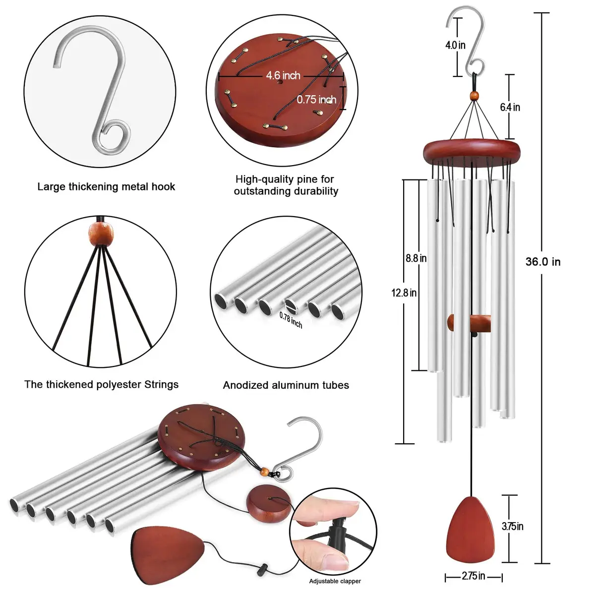 WENANA Large Aluminium Wind Chimes 91.44cm (36") | Soothing Melodic Outdoor Garden Decor - view 2