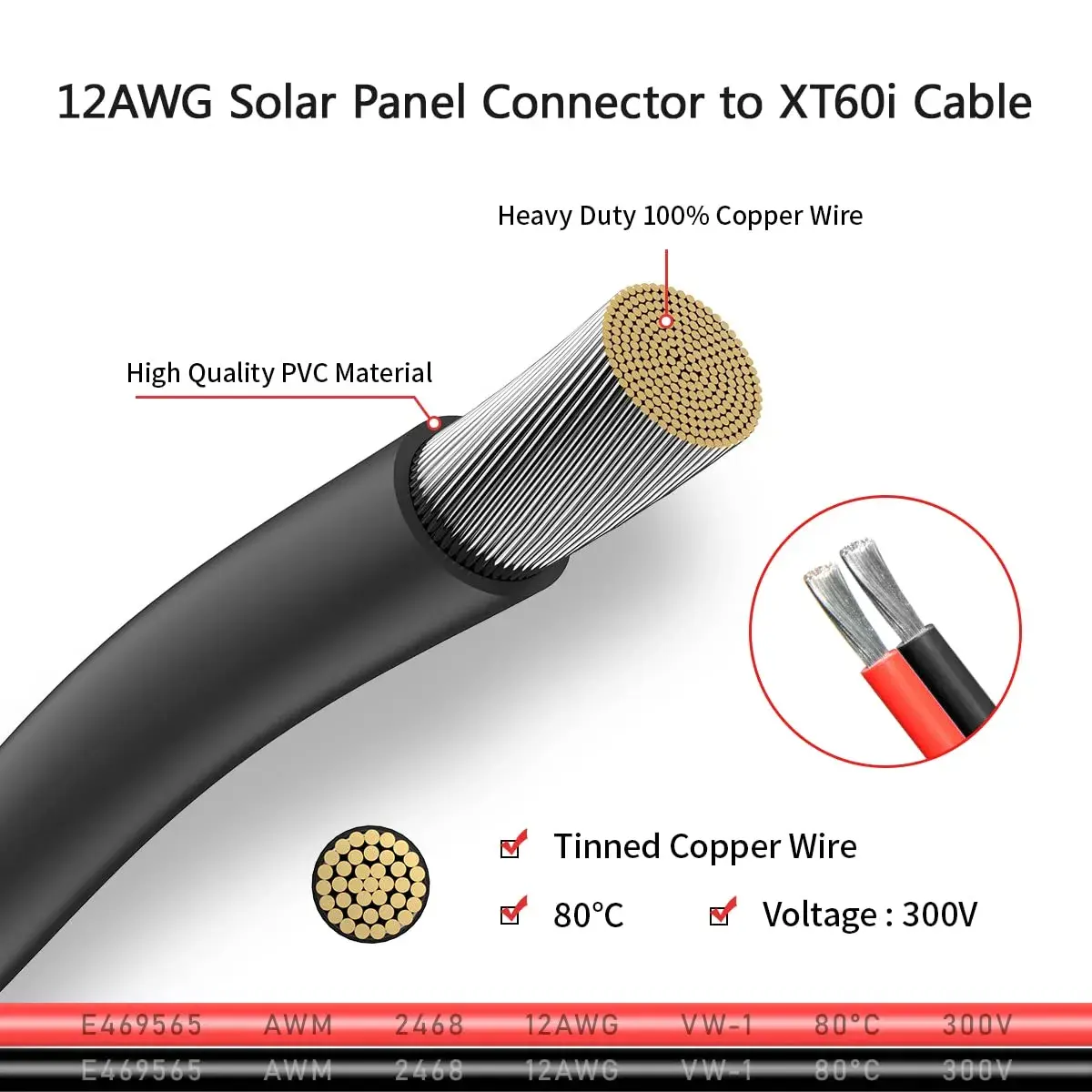 ELFCULB 12AWG Solar to XT60i Cable 0.61m (2FT) | Connects Solar Panels to Portable Power Stations - view 4