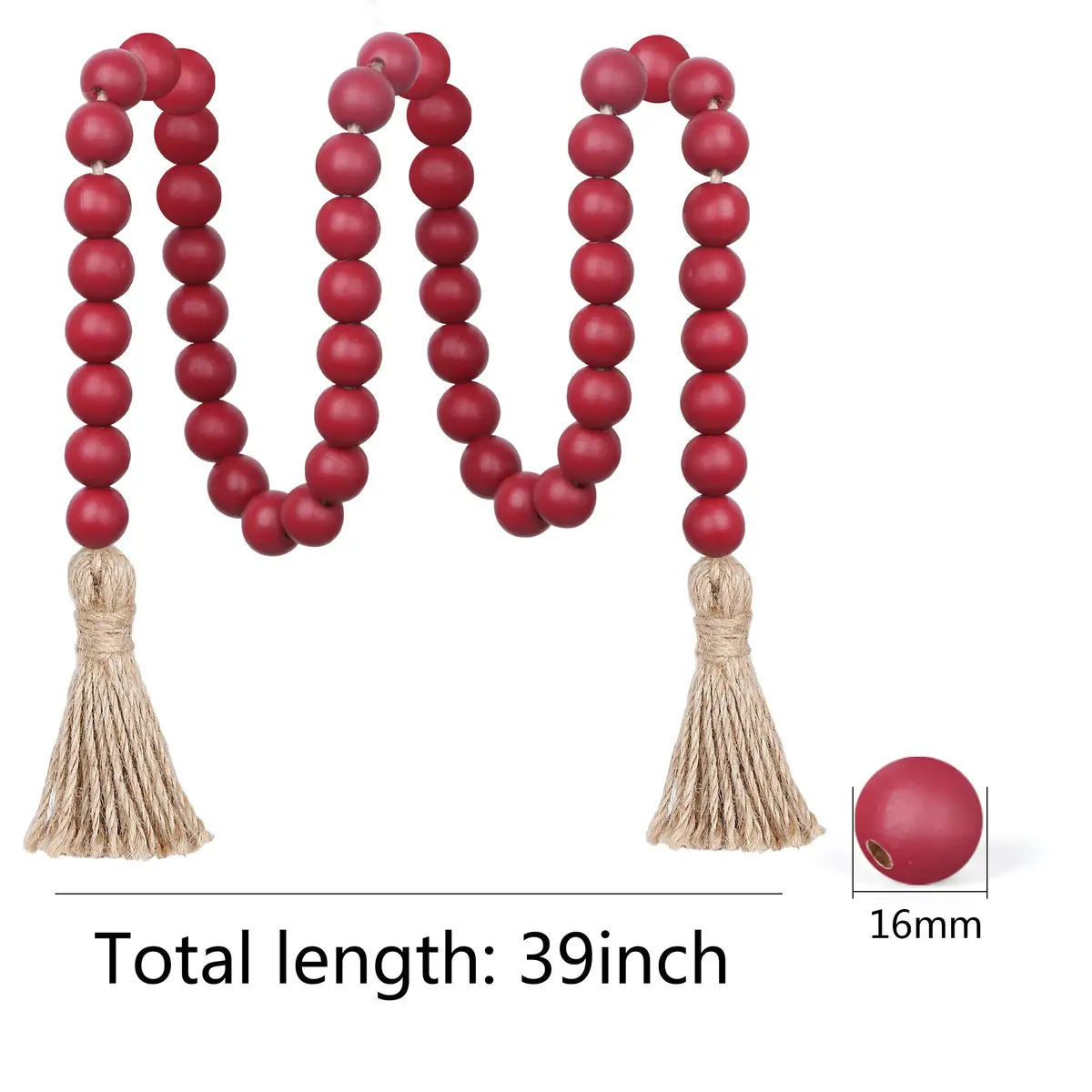 Meplait Wood Bead Garland with Tassels 39in (99cm) Burgundy | Farmhouse & Boho Decor - view 6