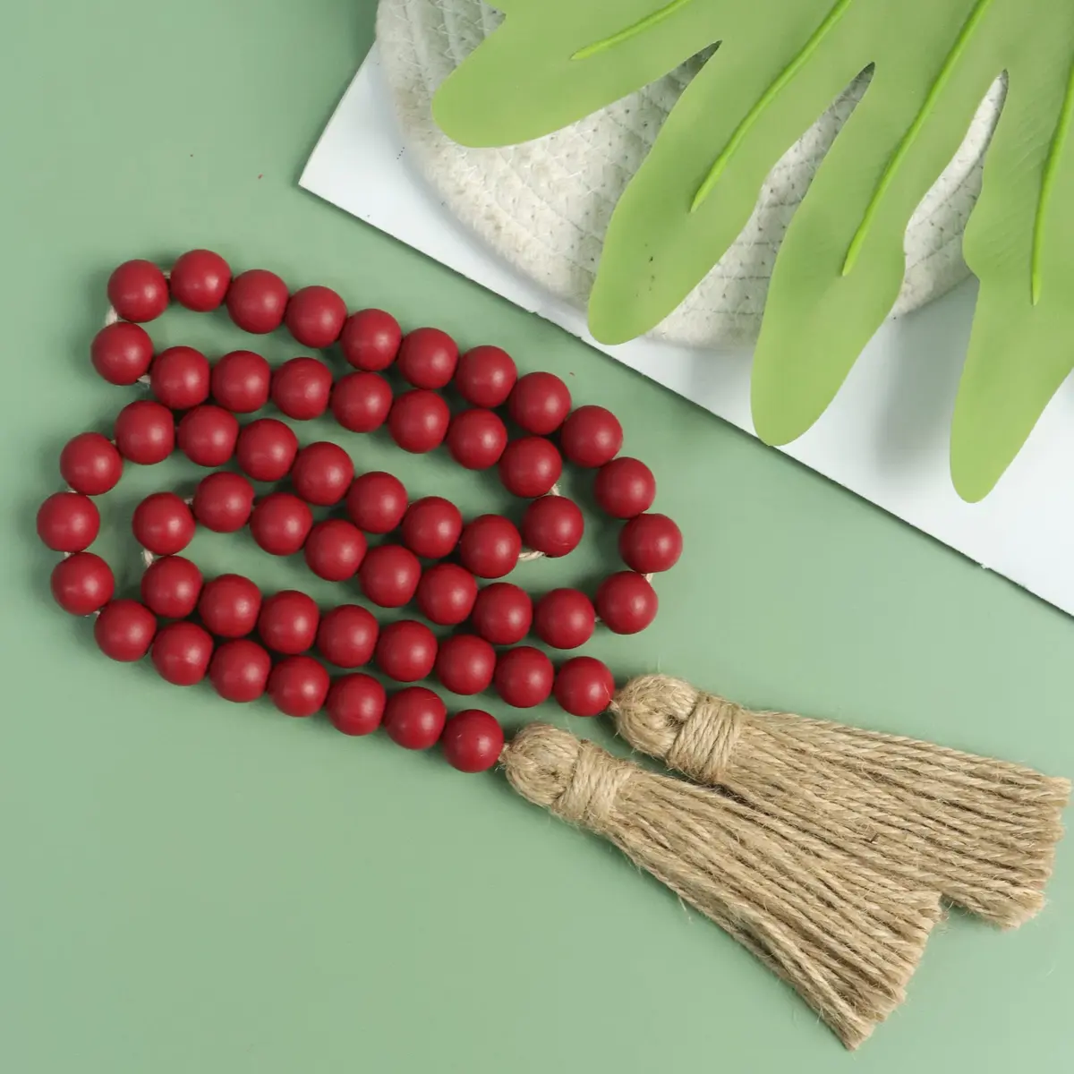 Meplait Wood Bead Garland with Tassels 39in (99cm) Burgundy | Farmhouse & Boho Decor - view 2
