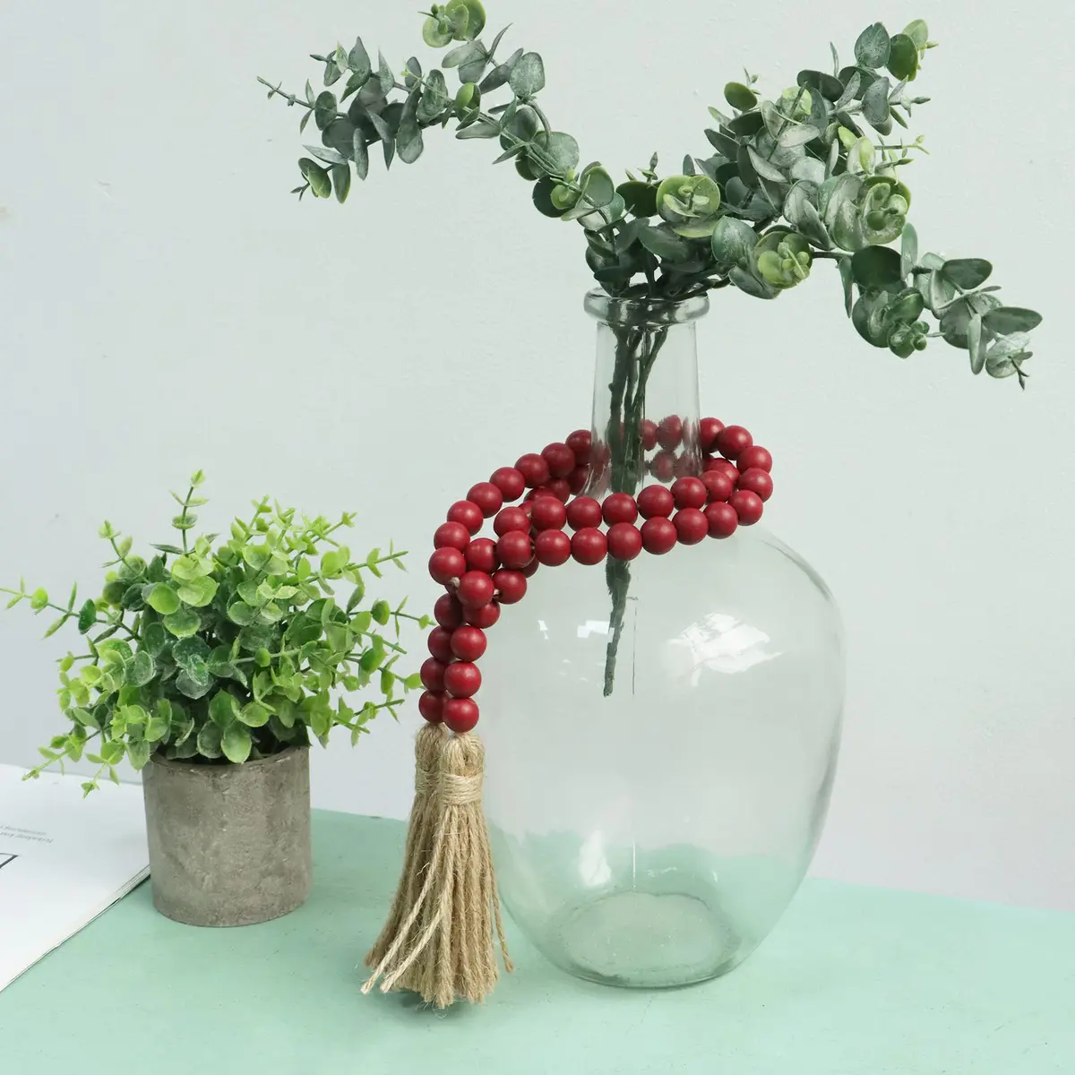Meplait Wood Bead Garland with Tassels 39in (99cm) Burgundy | Farmhouse & Boho Decor - view 3