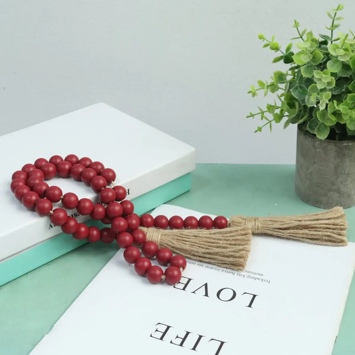Meplait Wood Bead Garland with Tassels 39in (99cm) Burgundy | Farmhouse & Boho Decor - view 4