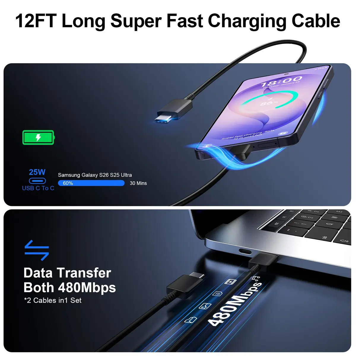 Vilive Super Fast USB C Wall Charger 25W with 12FT Cable | Supports Full Speed Charging & Data Transfer - view 5