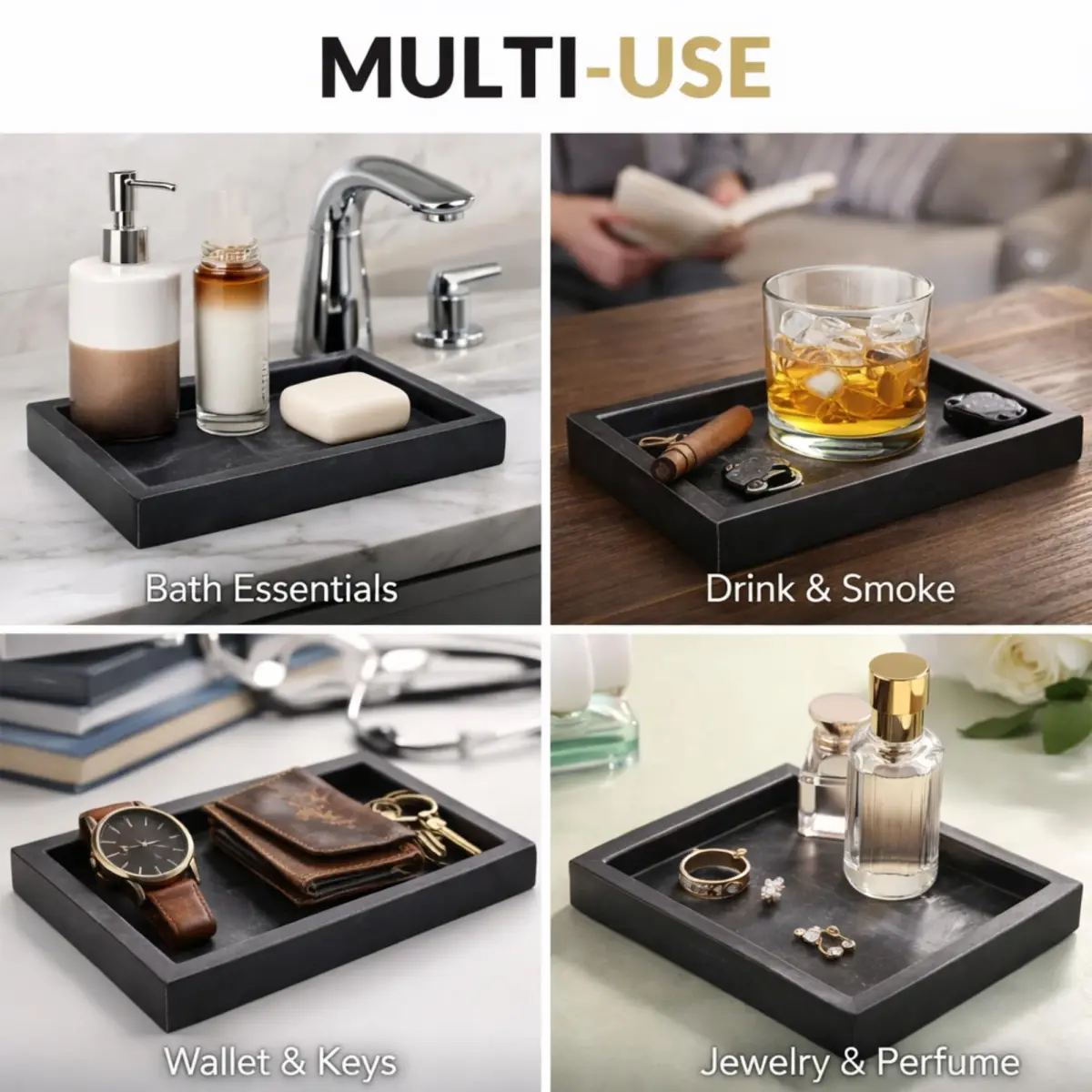 KC KULLICRAFT Natural Marble Tray Black 25cm (10") x 15cm (6") | Elegant Vanity Organizer for Indian Homes - view 4