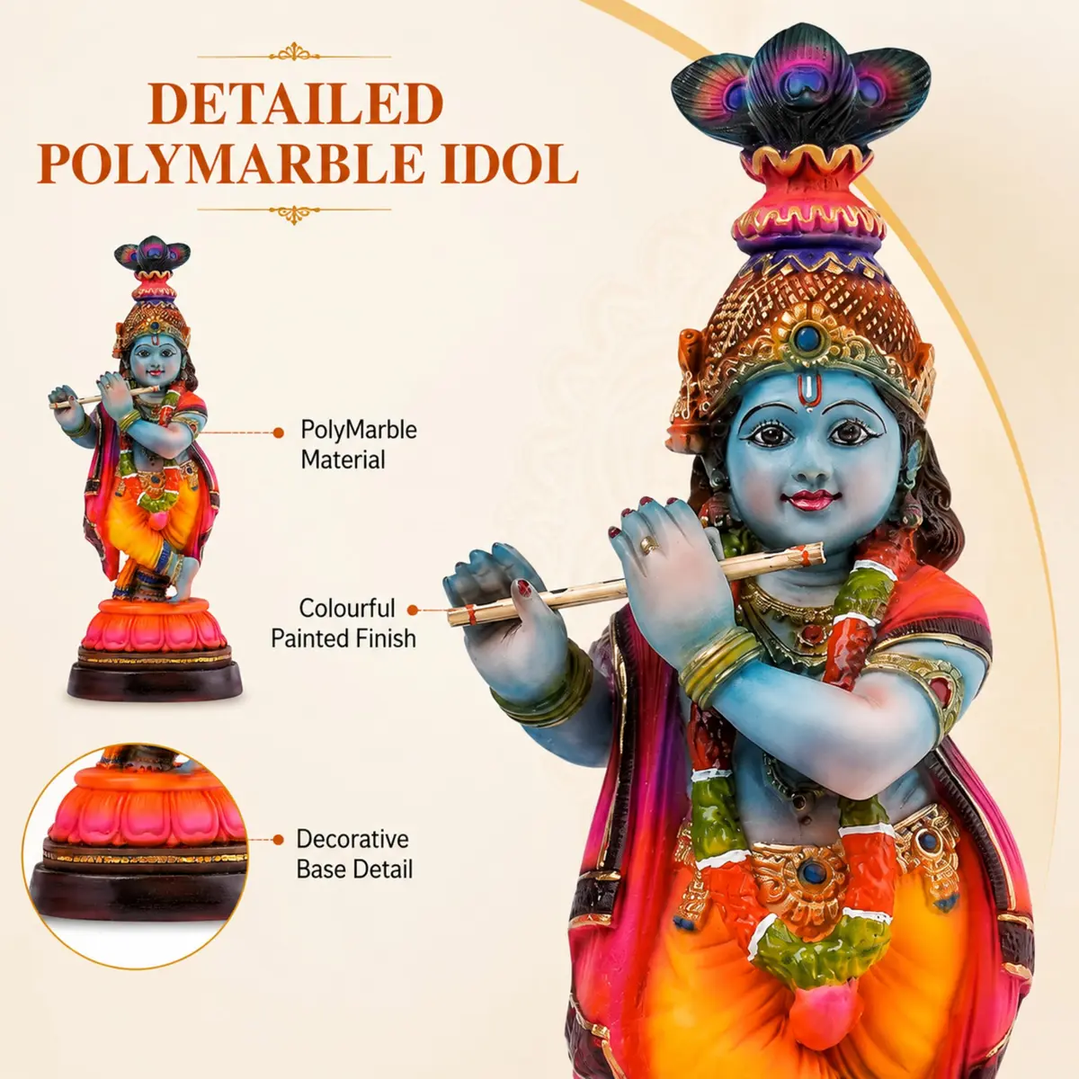 Newven Baby Krishna Idol Small Flute Statue for Home Decor, Mandir & Pooja | Colourful Devotional Murti in Traditional Attire - view 8