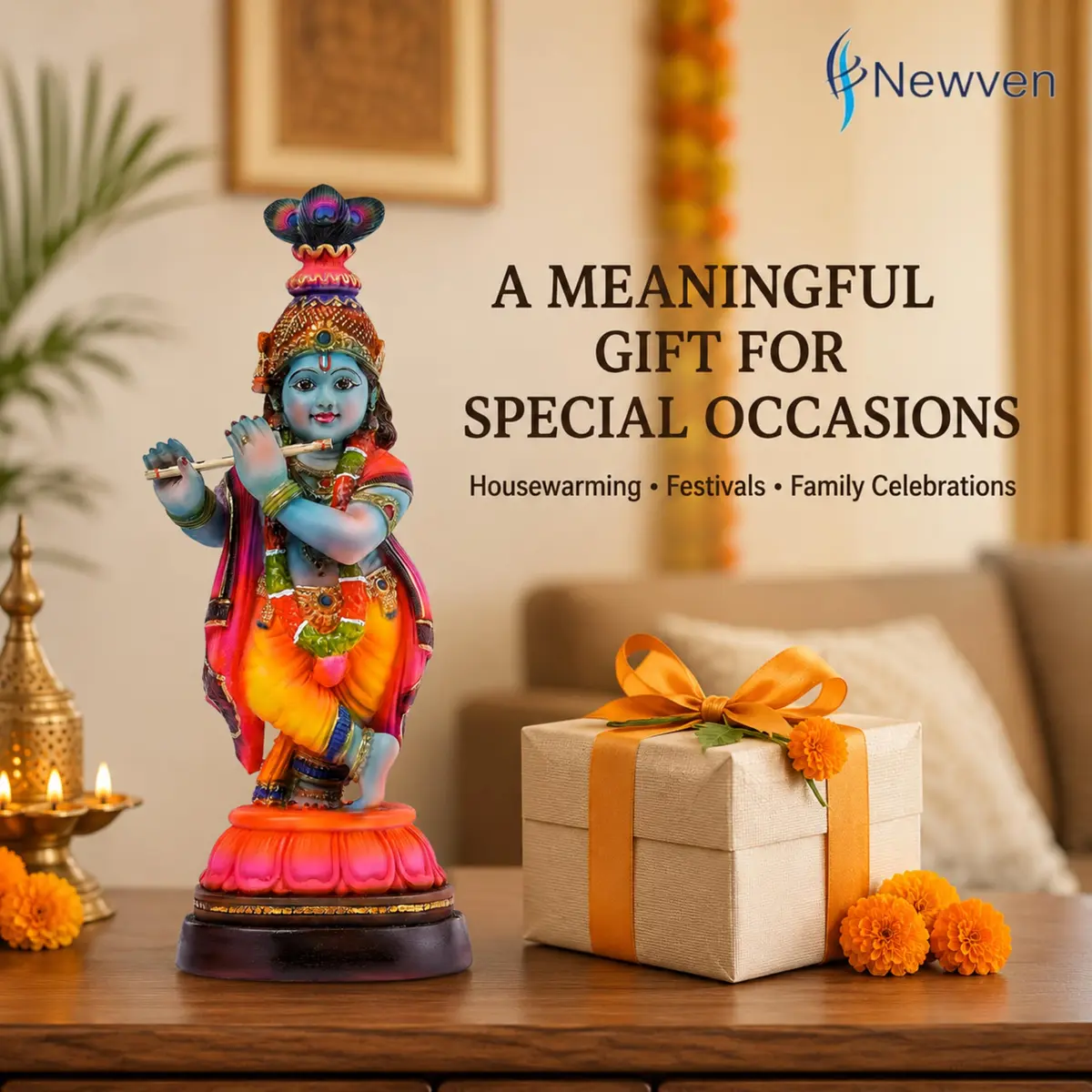 Newven Baby Krishna Idol Small Flute Statue for Home Decor, Mandir & Pooja | Colourful Devotional Murti in Traditional Attire - view 9