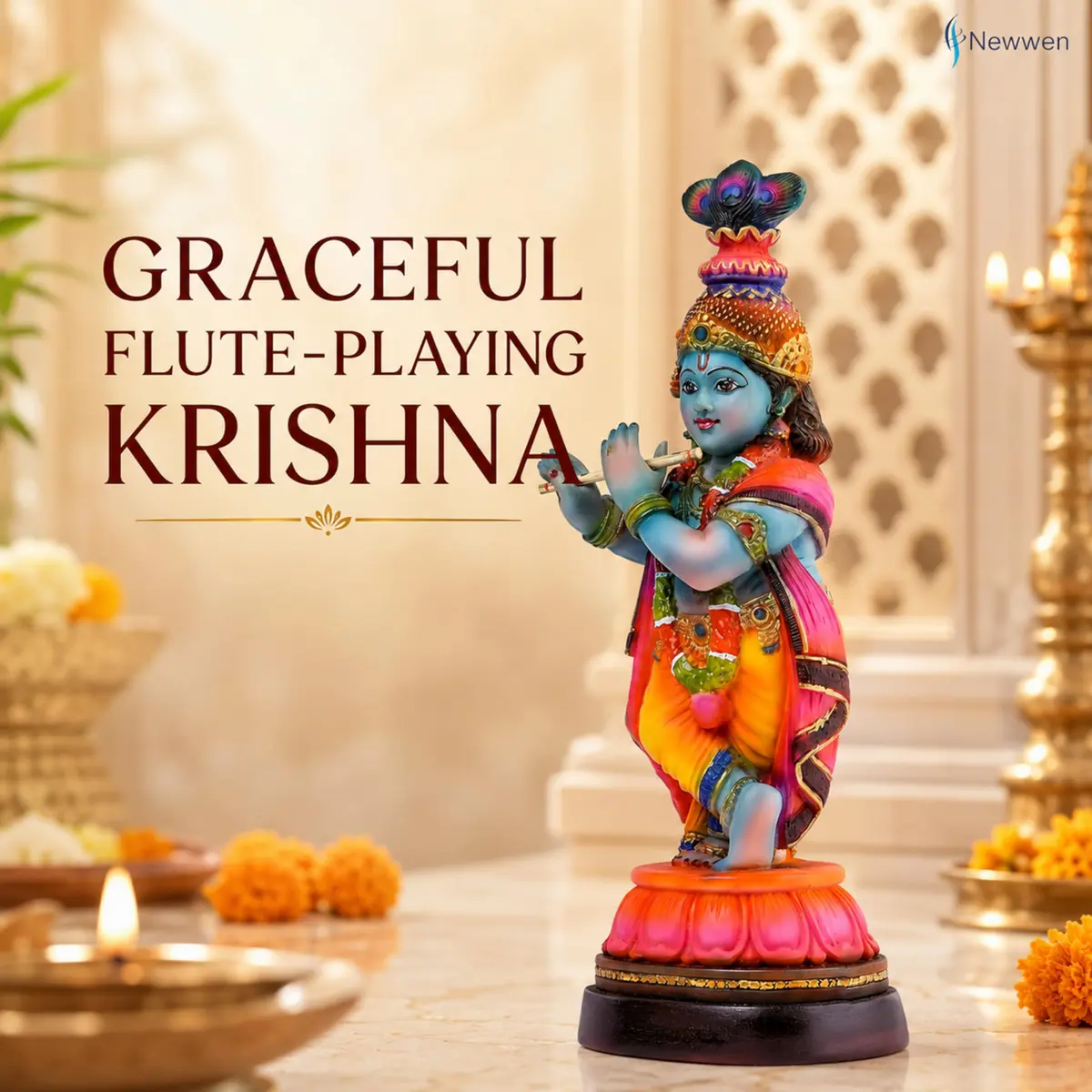 Newven Baby Krishna Idol Small Flute Statue for Home Decor, Mandir & Pooja | Colourful Devotional Murti in Traditional Attire - view 2